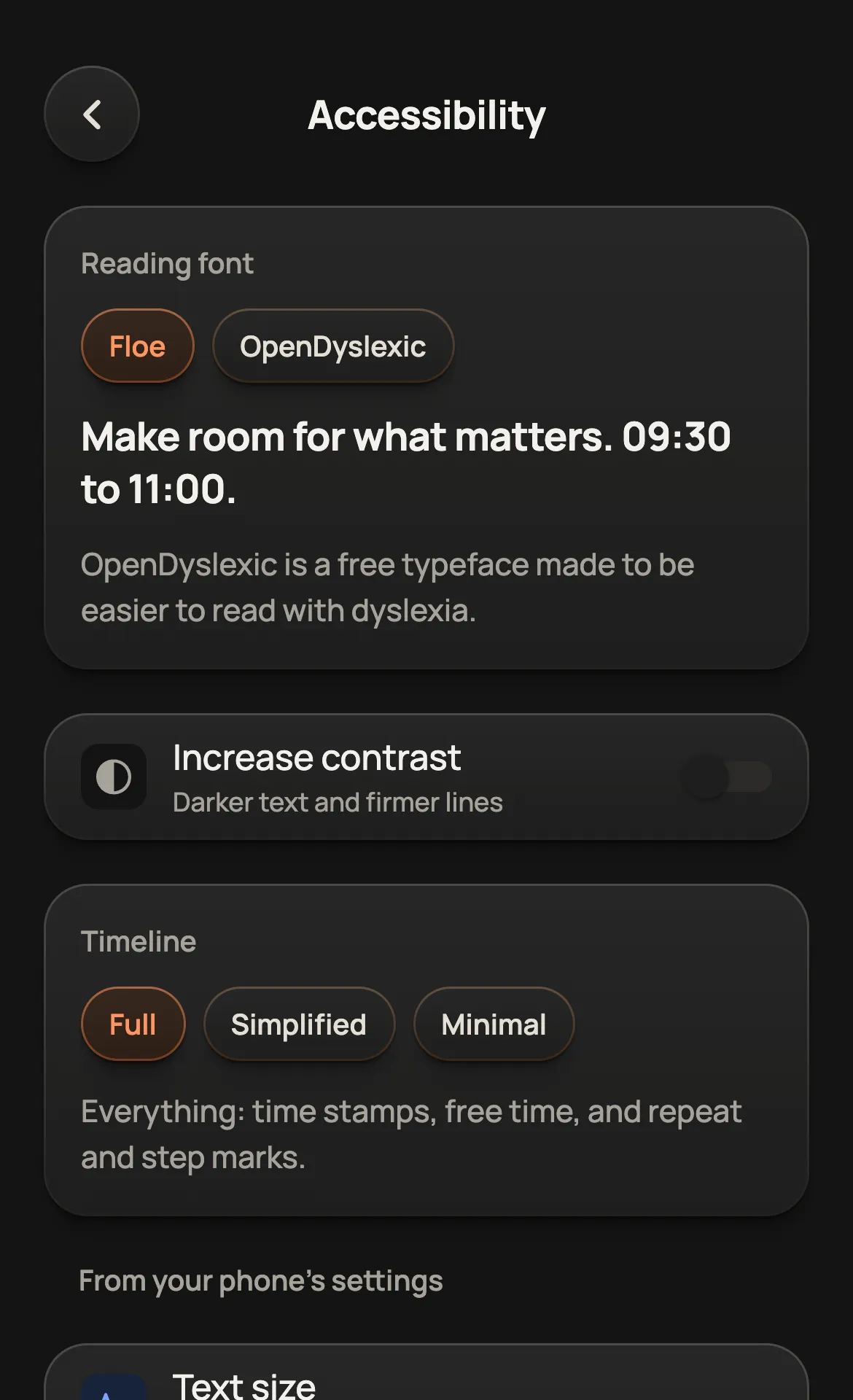Floe’s Accessibility page: reading font, Increase contrast and timeline layout