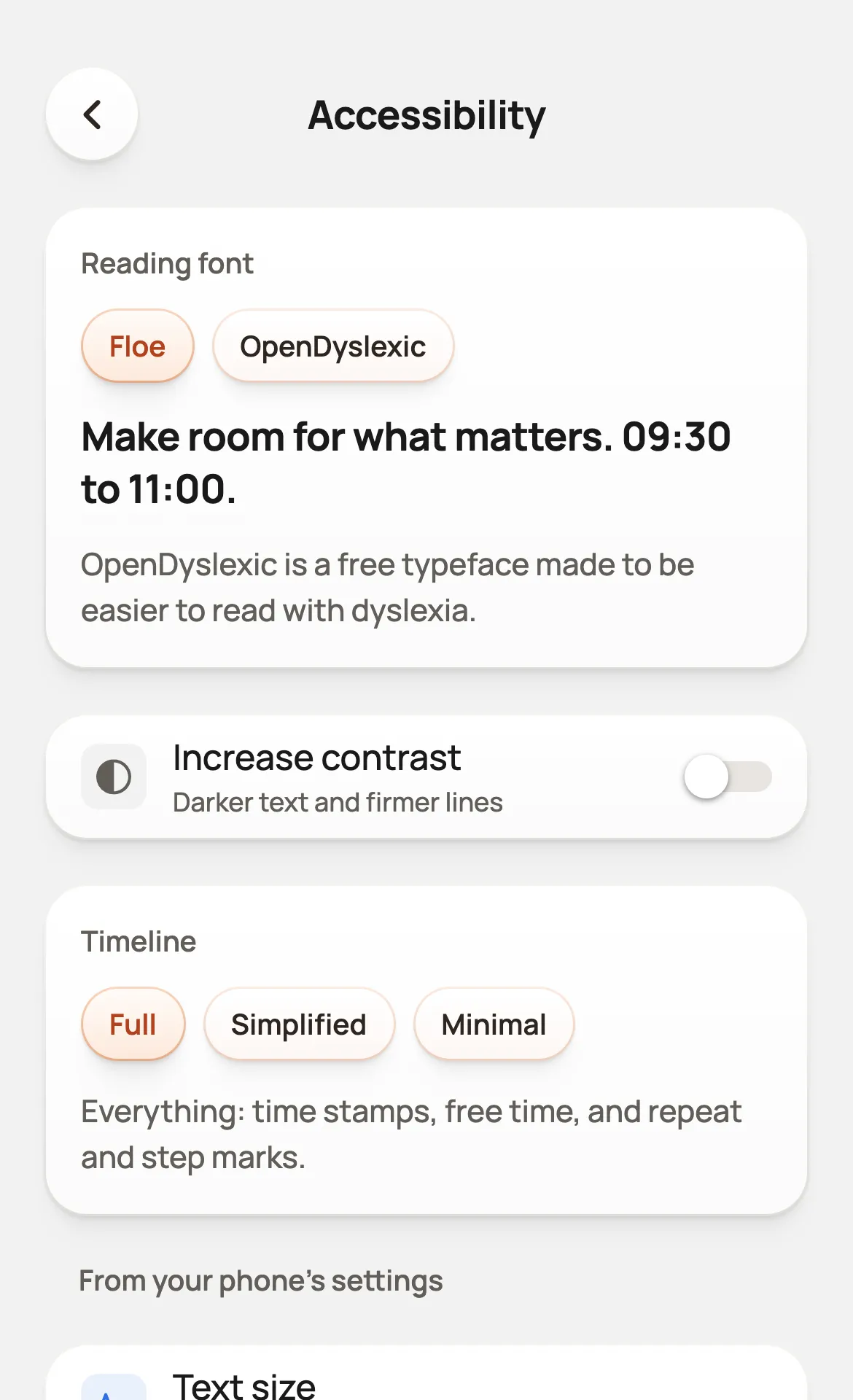 Floe’s Accessibility page in the light look: reading font, Increase contrast and timeline layout